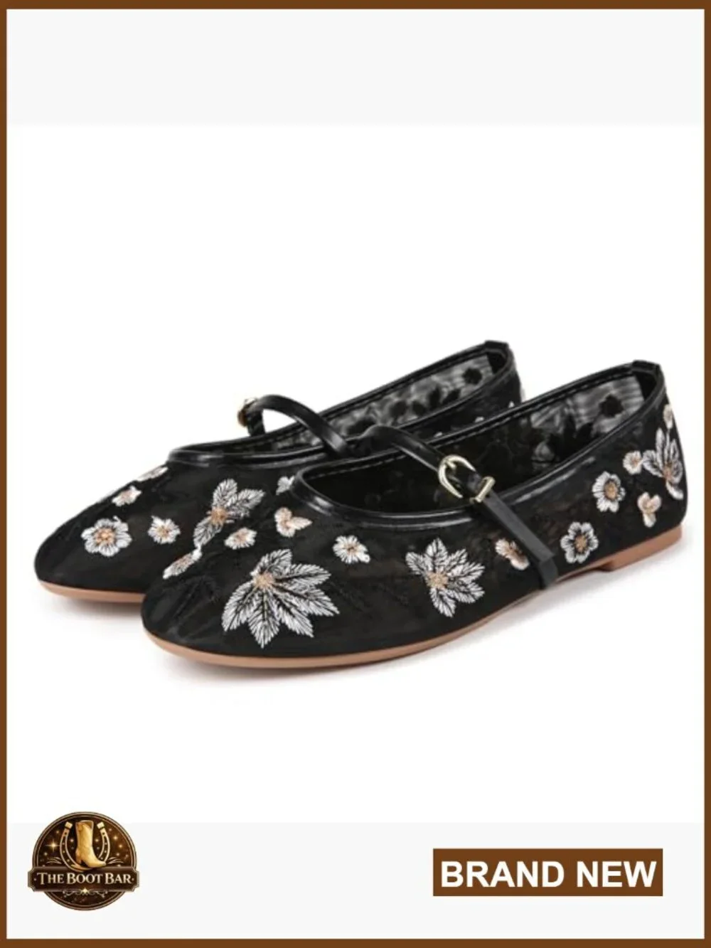 Mesh Ballet Flats Embroidered Floral Round Toe Mary Jane